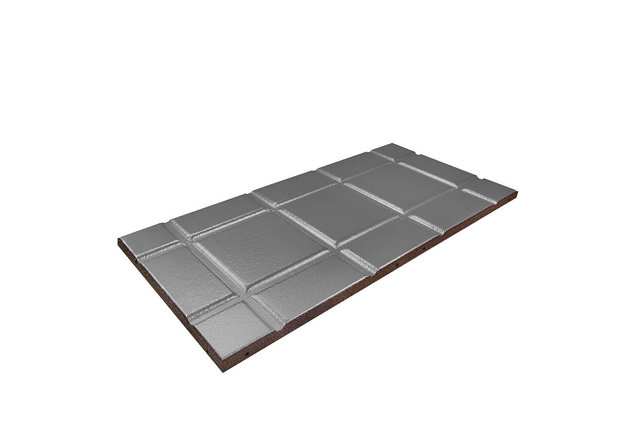 REGUPOL walkway alu – Aluminum-Surfaced Walkway Pad for Flat Roofs Grey walkway pad with aluminum surface “REGUPOL walkway alu” on a white background.
